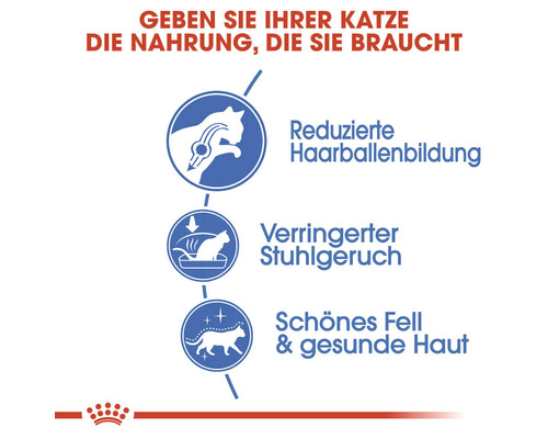 Informationen zu den Vorteilen von Katzenfutter: Reduzierte Haarballenbildung, verringerter Stuhlgeruch, schönes Fell und gesunde Haut.