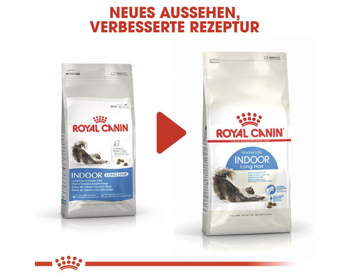 Royal Canin Logo. Zwei Säcke Royal Canin Indoor Long Hair Katzenfutter. Neues Aussehen, verbesserte Rezeptur.