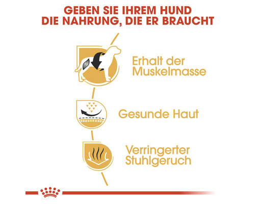 Symbole für den Erhalt der Muskelmasse, gesunde Haut und reduzierten Stuhlgeruch beim Hundefutter