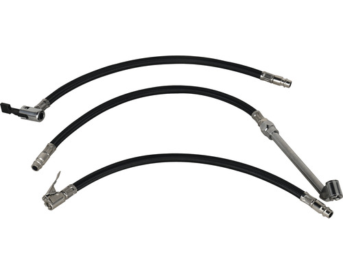 Trois tuyaux de pression de pneu avec différents accessoires