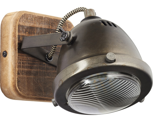 Applique murale avec socle en bois et projecteur en métal réglable