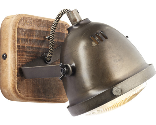 Applique murale avec socle en bois et lampe en métal