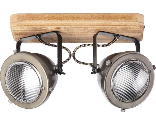 Plafonnier avec deux spots et socle en bois