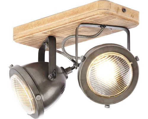Plafonnier avec deux spots et plaque en bois