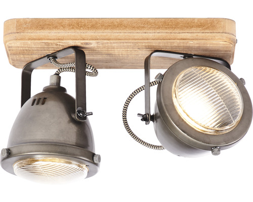 Plafonnier avec deux spots et plaque en bois