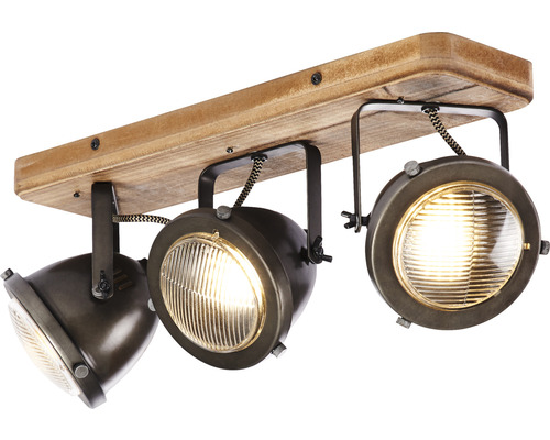 Plafonnier avec trois spots et socle en bois