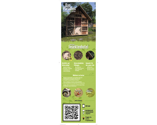 Werbeplakat für ein Insektenhotel mit Informationen zu Wildtieren im Garten