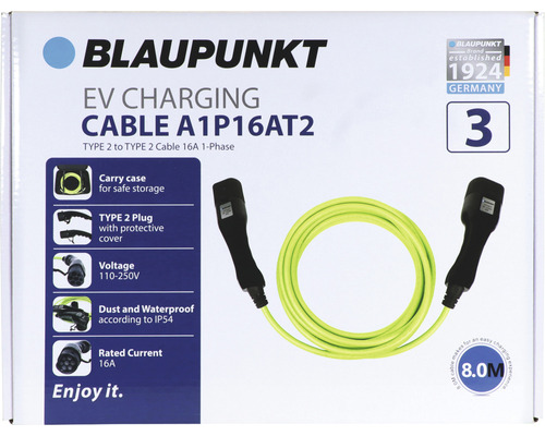 Blaupunkt EV Ladekabel A1P16AT2, Typ 2 zu Typ 2, 16A, 8 Meter