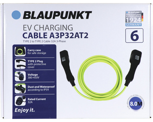 Blaupunkt Ladekabel Typ 2 zu Typ 2, 32 Ampere, mit Tragetasche