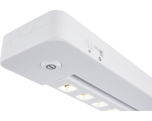 Vue détaillée d''un luminaire sous-meuble LED blanc avec interrupteur