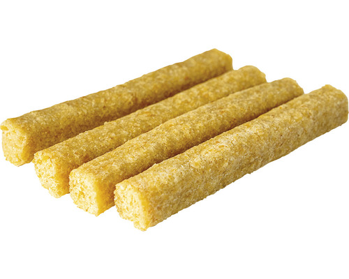 Vier gelbe Hundesnacks in Stäbchenform