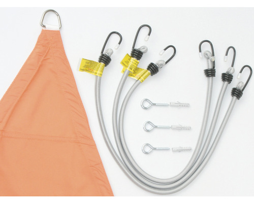 Voile d''ombrage triangulaire avec cordes de fixation, crochets et vis