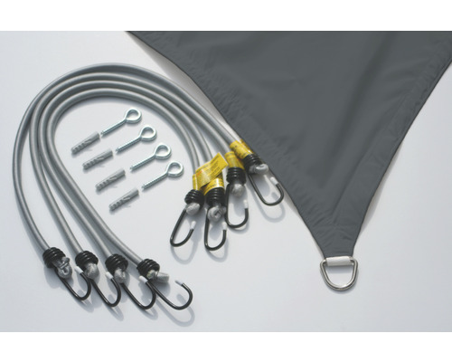 Graues Sonnensegel mit Befestigungsseilen und Schraubhaken