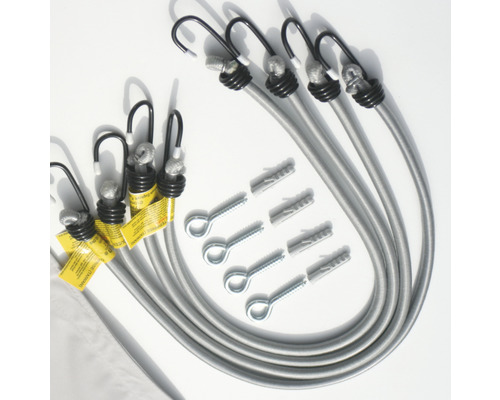 Spanngummis mit Haken, Schrauben und Dübeln