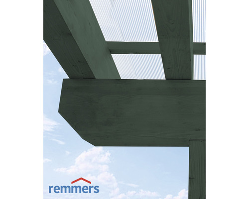 Vue détaillée d''un abri de voiture en bois avec toit transparent et logo Remmers