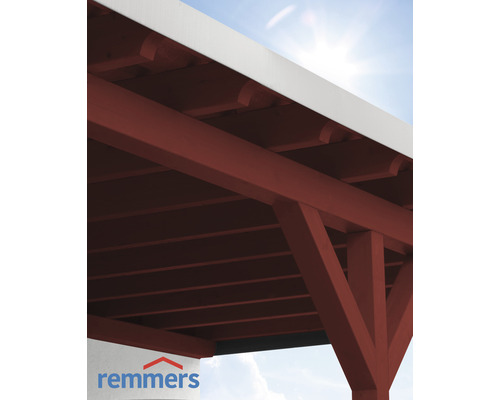 Vue détaillée d''une pergola en bois avec lasure de protection du bois et logo Remmers