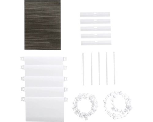 Composants de stores vénitiens, y compris les lamelles, les supports, les tiges de guidage et les cordons de traction