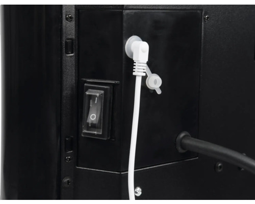 Vue détaillée de l''arrière d''un appareil noir avec interrupteur et câble