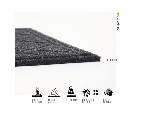 Detailansicht einer grauen Fußmatte mit einer Dicke von 1,1 cm und Symbolen für schmutzabweisend, feuchtigkeitsabsorbierend, schwere Ausführung, wetterfest und leicht zu reinigen.
