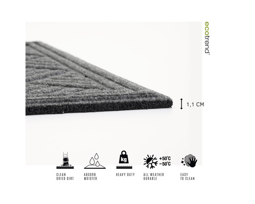 Paillasson d''une épaisseur de 1,1 cm, nettoie la saleté séchée, absorbe l''humidité, très résistant, adapté à tous les temps et facile à nettoyer.