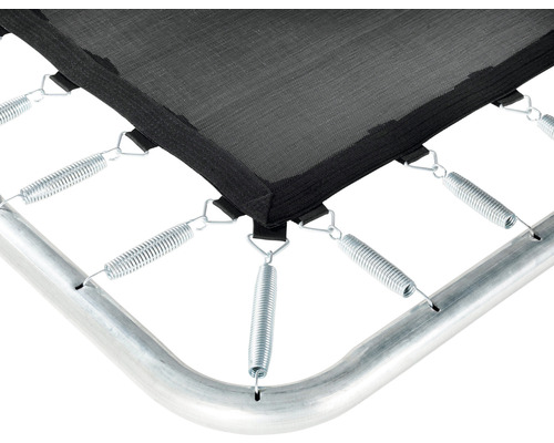 Vue détaillée des ressorts, de la toile de saut et du cadre d''un trampoline de jardin.