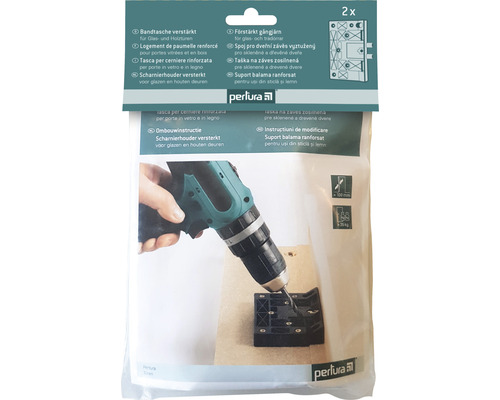 Emballage d''une charnière renforcée pour portes en verre et en bois avec perceuse