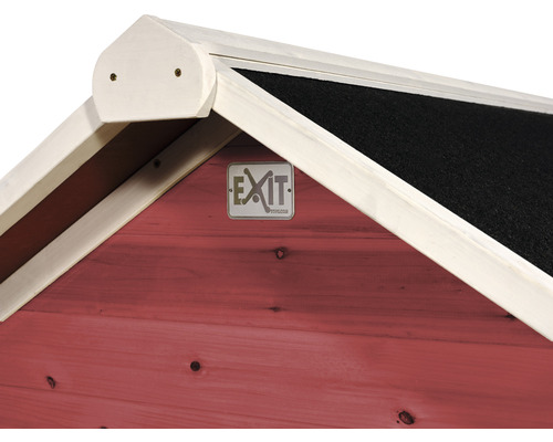 Gros plan de la maison en bois avec le logo Exit Toys