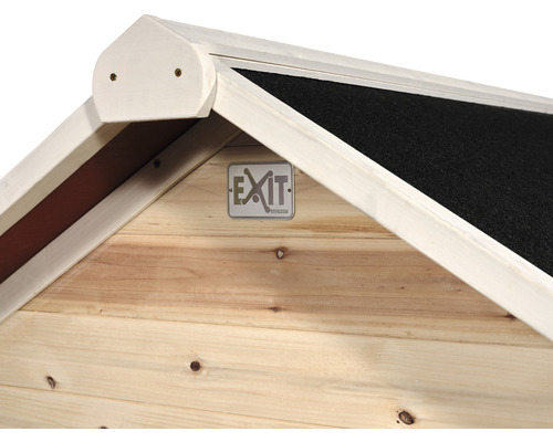 Detailansicht eines Holzhauses mit dem Exit Toys Logo.