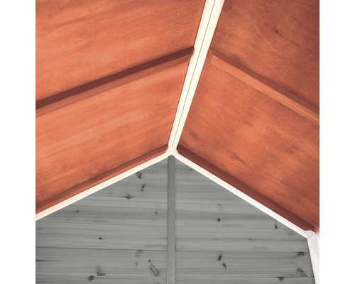 Vue intérieure d''un abri de jardin avec toit et murs en bois