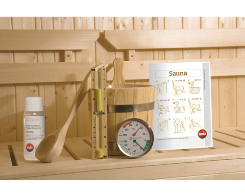 Sauna Zubehör Set mit Eimer, Schöpfkelle, Sanduhr, Thermometer, Hygrometer und Anleitung