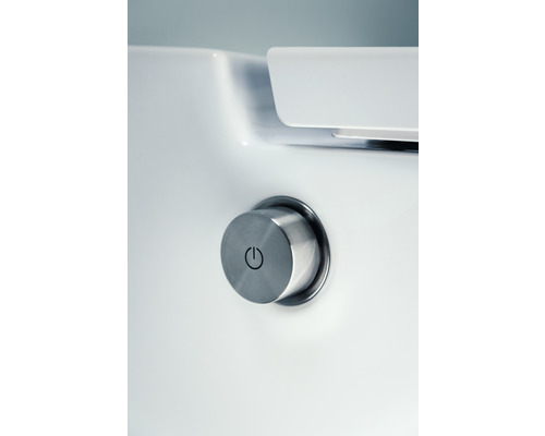 Gros plan d''une chasse d''eau de WC avec bouton marche/arrêt