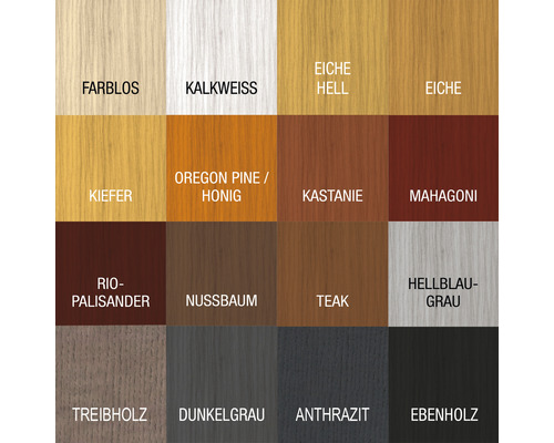 Holzfarbmuster mit verschiedenen Farbtönen wie farblos, kalkweiss, Eiche hell, Eiche, Kiefer, Oregon Pine Honig, Kastanie, Mahagoni, Rio-Palisander, Nussbaum, Teak, Hellblaugrau, Treibholz, Dunkelgrau, Anthrazit und Ebenholz.