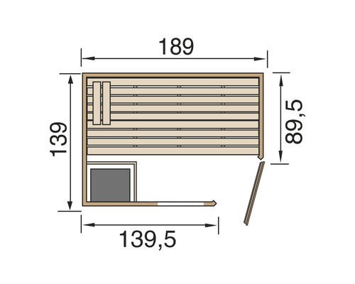 Dimensionszeichnung der Sauna mit Maßangaben in Zentimetern.