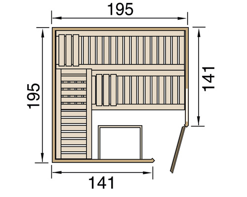 Grundriss einer Sauna mit Maßen 195 mal 195 Zentimeter und 141 mal 141 Zentimeter