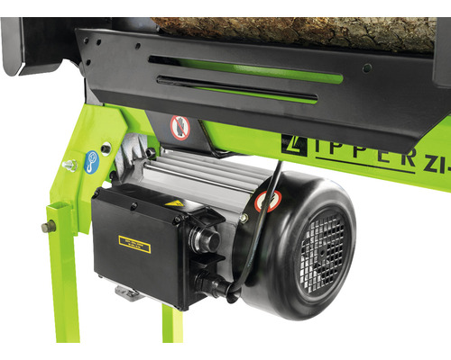 Detailansicht eines Holzspalters mit Motor und Sicherheitshinweis