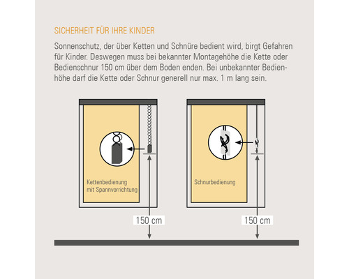 Information zur Kindersicherheit bei Sonnenschutzprodukten mit Ketten oder Schnüren