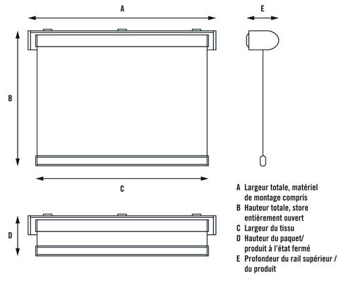 Schéma technique d''un store enrouleur avec indications de dimensions