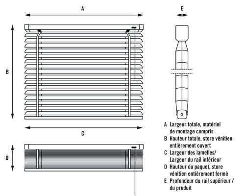 Dessin technique d''un store vénitien ouvert et fermé avec indications de dimensions