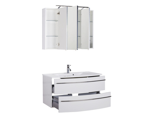 Waschbeckenunterschrank mit zwei Schubladen und Spiegelschrank mit drei Türen für Badezimmer