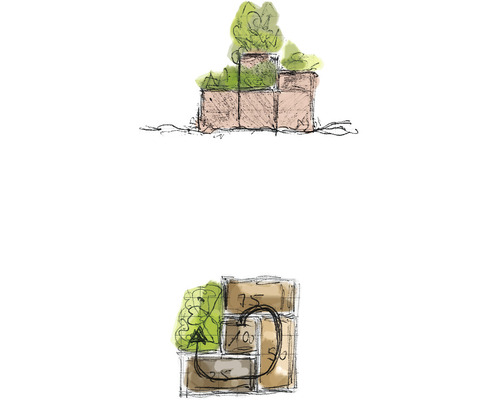 Illustration einer Mauer mit Bepflanzung und verschiedenen Preisangaben