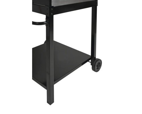 Detailansicht eines Grillwagens mit Ablagefläche und Rädern.