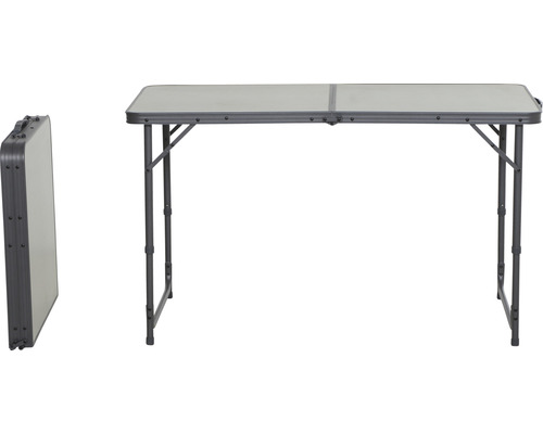 Klapptisch für den Campingbereich in aufgebautem und zusammengeklapptem Zustand.