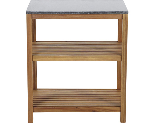 Meuble-lavabo de salle de bains en bois avec étagères et plateau en pierre