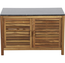 Meuble bas en bois avec deux portes et plateau en pierre