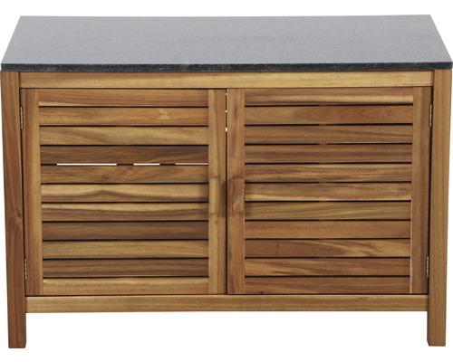 Meuble bas en bois avec deux portes et plateau en pierre