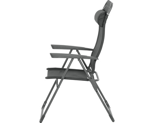 Chaise de camping avec accoudoirs et appuie-tête vue de côté