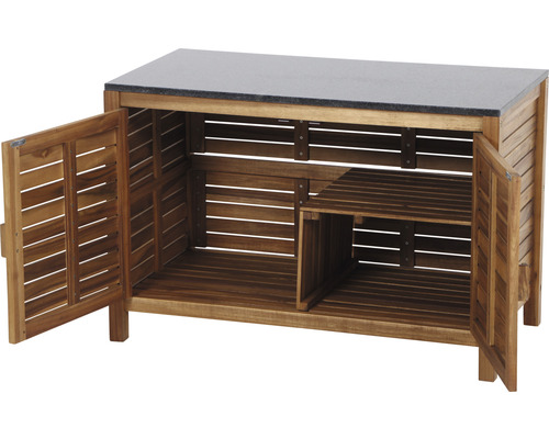 Armoire de jardin en bois avec portes ouvertes et espace de rangement