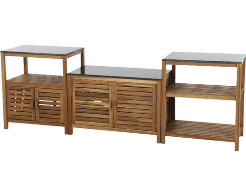 Îlot de cuisine d''extérieur en bois avec placards et étagères