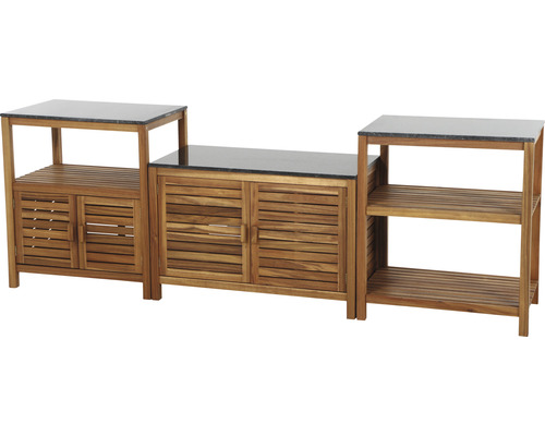 Combinaison d''armoires de jardin en bois avec portes et étagères, plan de travail en pierre