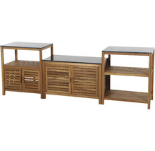 Meuble de cuisine d''extérieur en bois avec plaque de pierre et espace de rangement